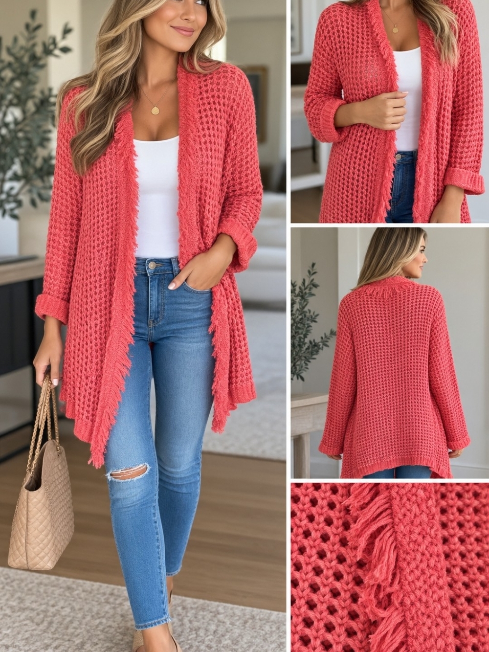 Free People Coral Open-Front Fringe Knit Cardigan